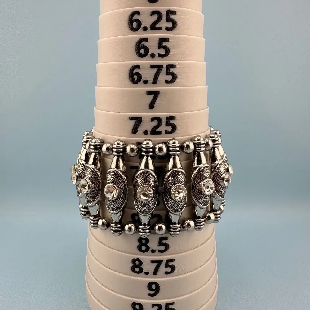 Vintage Chunky Stretch Bracelet Silver Tone Textured Wide Bead Clear Rhinestone